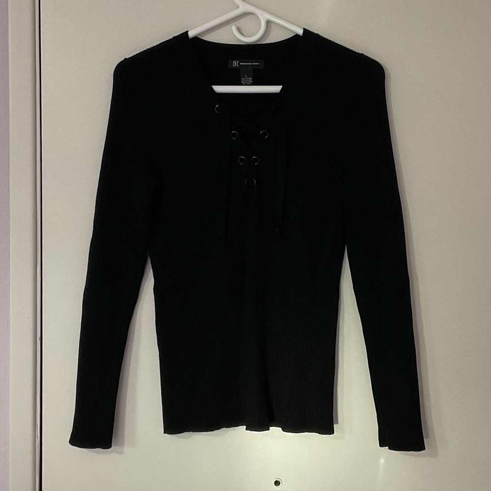 INC Black Lace-Up Women's ribbed Top